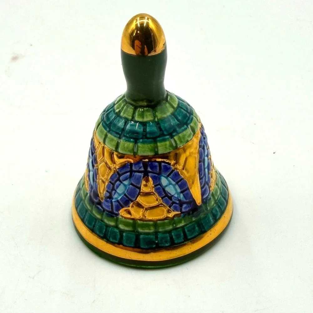 Ravenna Italy Hand Painted Ceramic Mosaic Bell Gold Accents Signed Green Blue